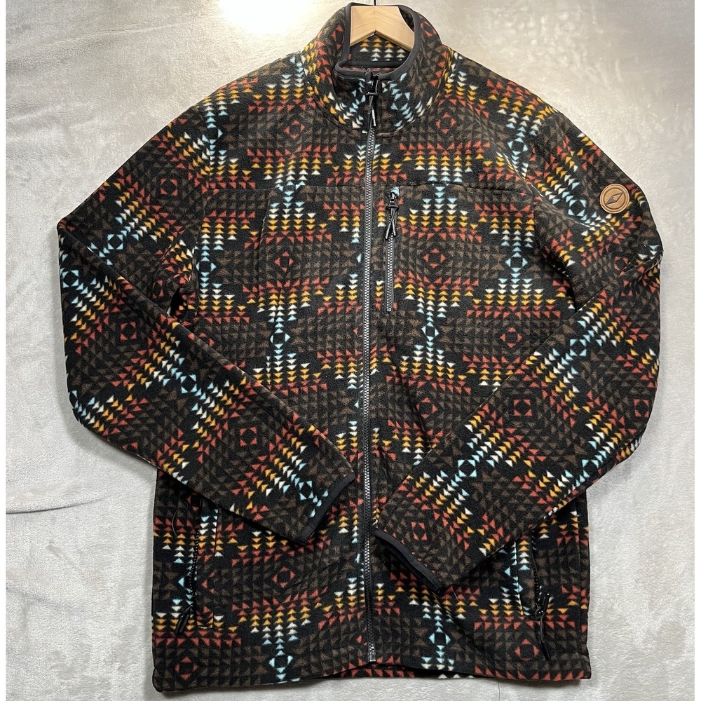DRAVUS Mens Fleece Jacket Black Zip front with Aztec Tribal Pattern SIZE L